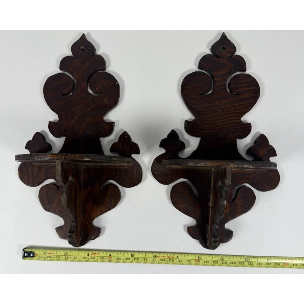 VTG Handmade Wooden Wall Shelf Pair Scroll Cut Hanging Display
